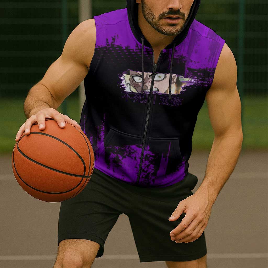 Genya Shinazugawa Demon Slayer Purple Grunge Design Sleeveless Zip Hoodie with Fierce Expression and Combat Stance - The Mazicc