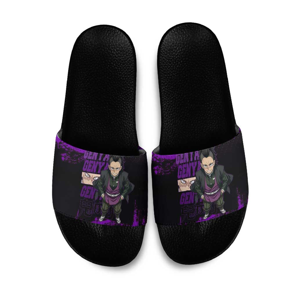 Genya Shinazugawa Demon Slayer Purple Grunge Design Slide Sandals with Fierce Expression and Combat Stance - The Mazicc