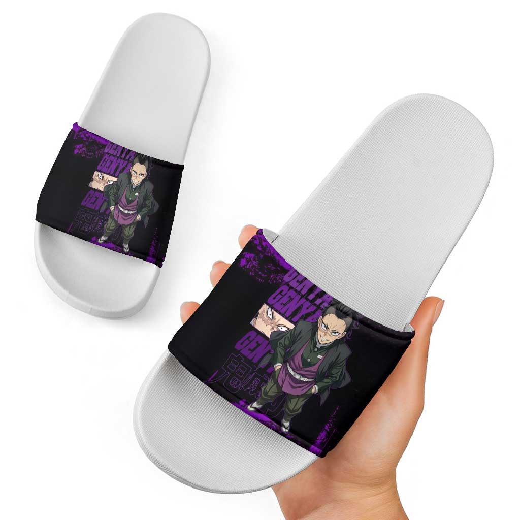 Genya Shinazugawa Demon Slayer Purple Grunge Design Slide Sandals with Fierce Expression and Combat Stance - The Mazicc
