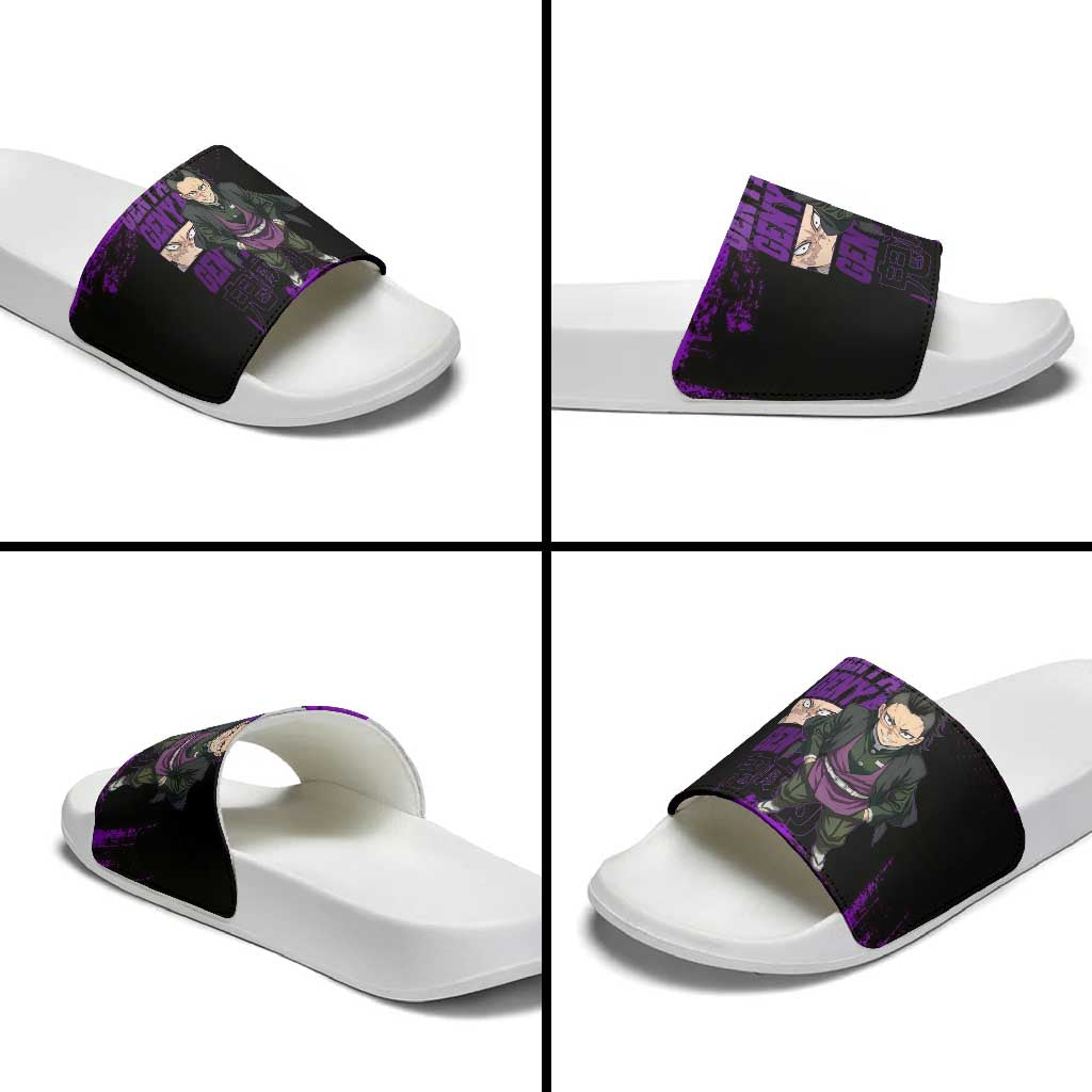 Genya Shinazugawa Demon Slayer Purple Grunge Design Slide Sandals with Fierce Expression and Combat Stance - The Mazicc