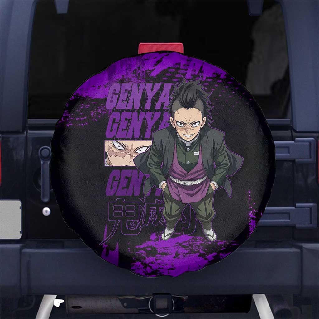 Genya Shinazugawa Demon Slayer Purple Grunge Design Spare Tire Cover with Fierce Expression and Combat Stance - The Mazicc