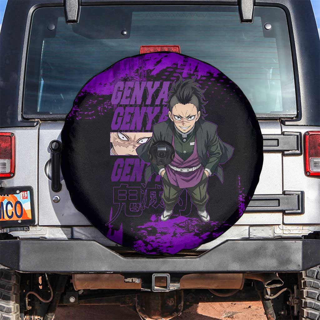 Genya Shinazugawa Demon Slayer Purple Grunge Design Spare Tire Cover with Fierce Expression and Combat Stance - The Mazicc