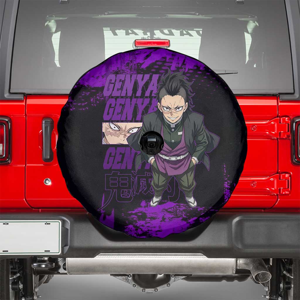 Genya Shinazugawa Demon Slayer Purple Grunge Design Spare Tire Cover with Fierce Expression and Combat Stance - The Mazicc