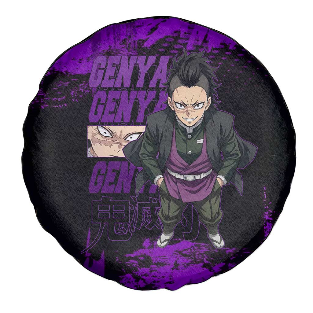 Genya Shinazugawa Demon Slayer Purple Grunge Design Spare Tire Cover with Fierce Expression and Combat Stance - The Mazicc