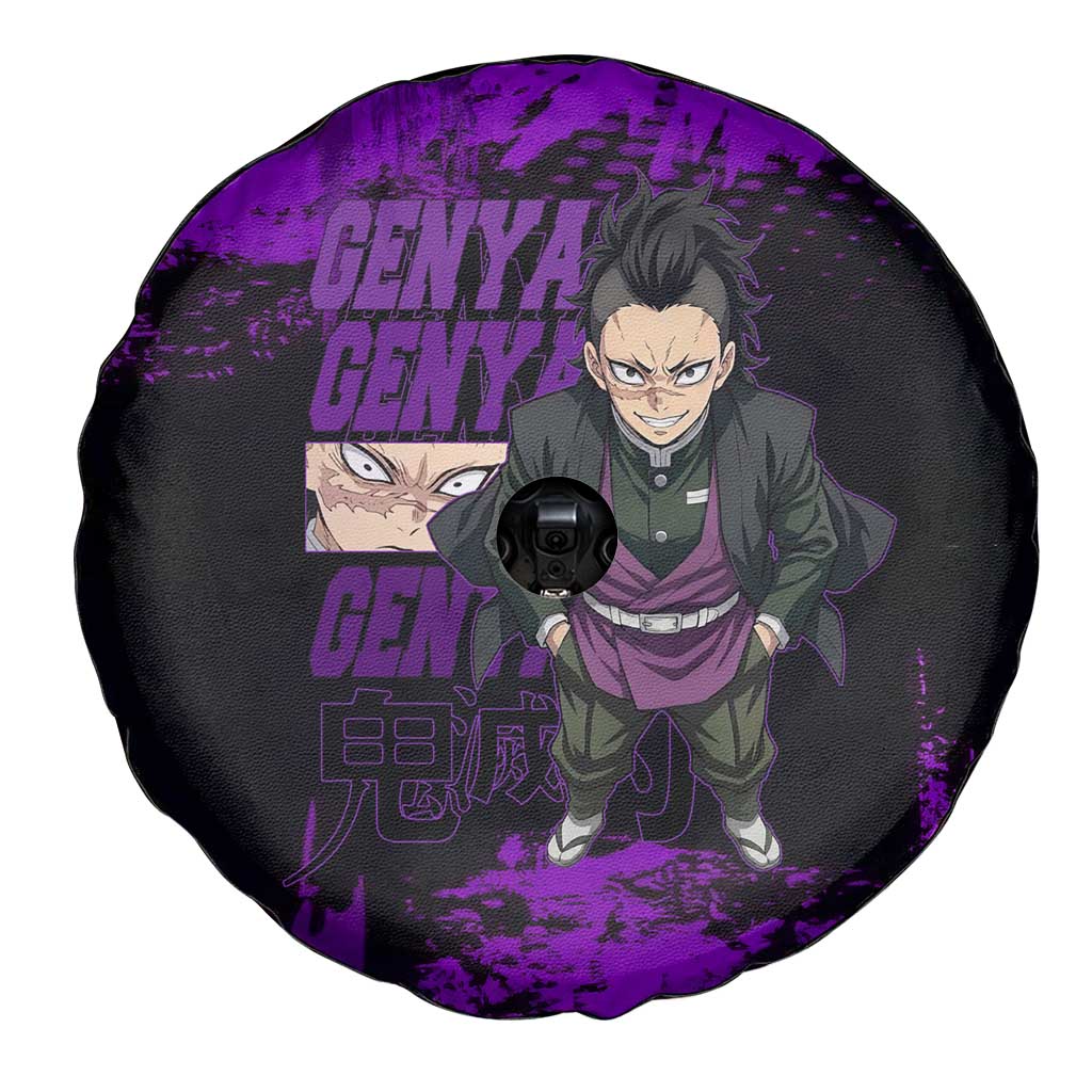Genya Shinazugawa Demon Slayer Purple Grunge Design Spare Tire Cover with Fierce Expression and Combat Stance - The Mazicc