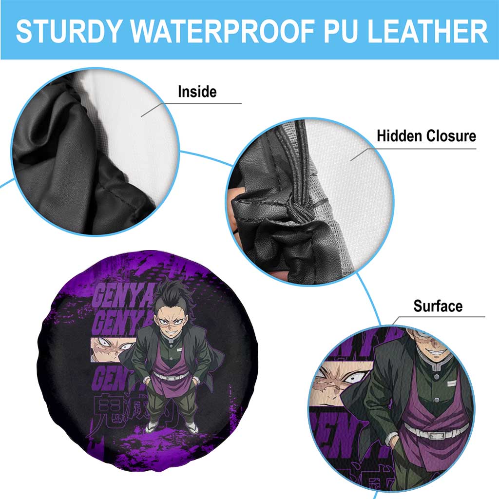 Genya Shinazugawa Demon Slayer Purple Grunge Design Spare Tire Cover with Fierce Expression and Combat Stance - The Mazicc