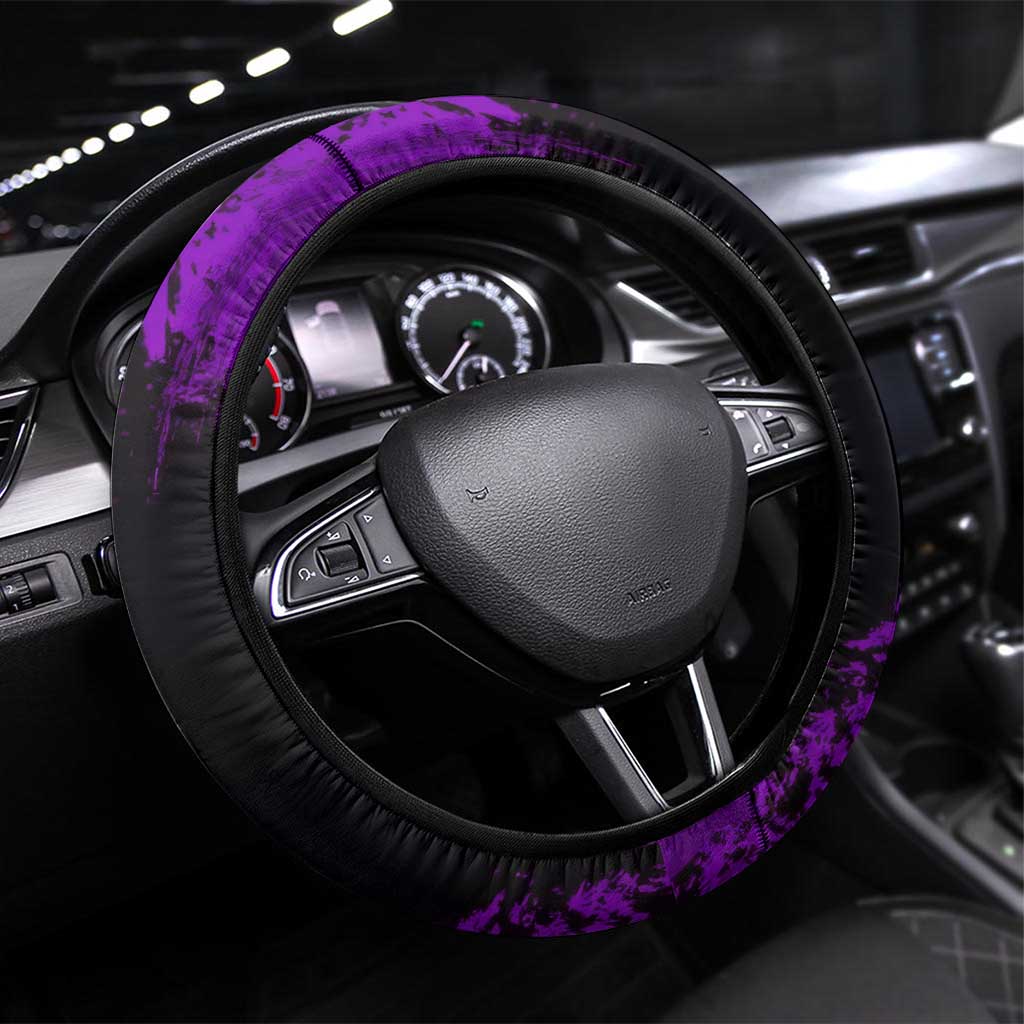 Genya Shinazugawa Demon Slayer Purple Grunge Design Steering Wheel Cover with Fierce Expression and Combat Stance - The Mazicc
