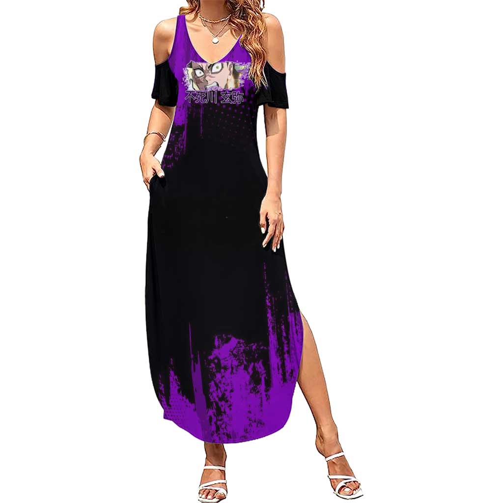 Genya Shinazugawa Demon Slayer Purple Grunge Design Summer Maxi Dress with Fierce Expression and Combat Stance - The Mazicc