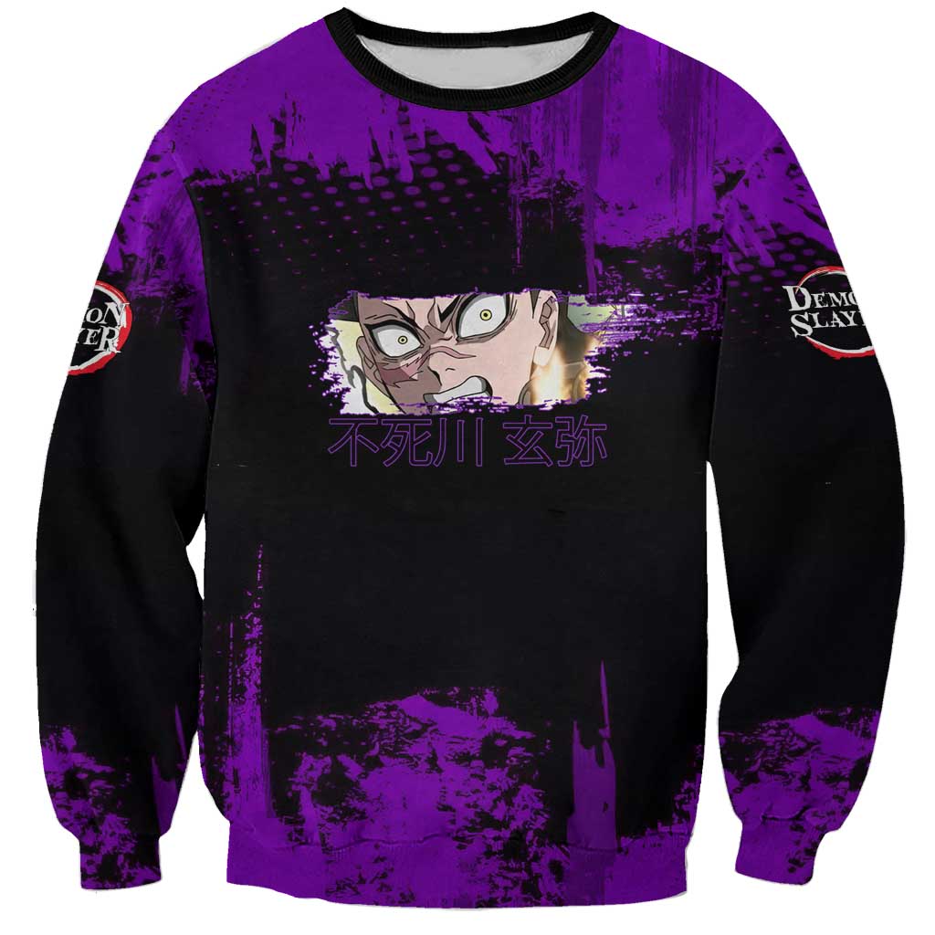 Genya Shinazugawa Demon Slayer Purple Grunge Design Sweatshirt with Fierce Expression and Combat Stance - The Mazicc