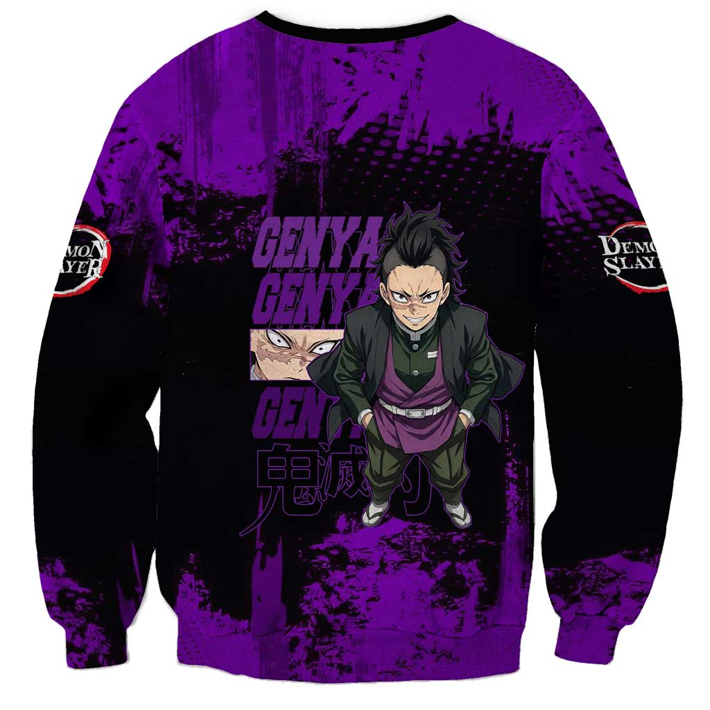 Genya Shinazugawa Demon Slayer Purple Grunge Design Sweatshirt with Fierce Expression and Combat Stance - The Mazicc