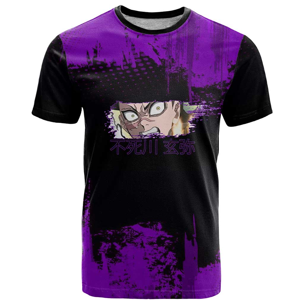 Genya Shinazugawa Demon Slayer Purple Grunge Design T Shirt with Fierce Expression and Combat Stance - The Mazicc