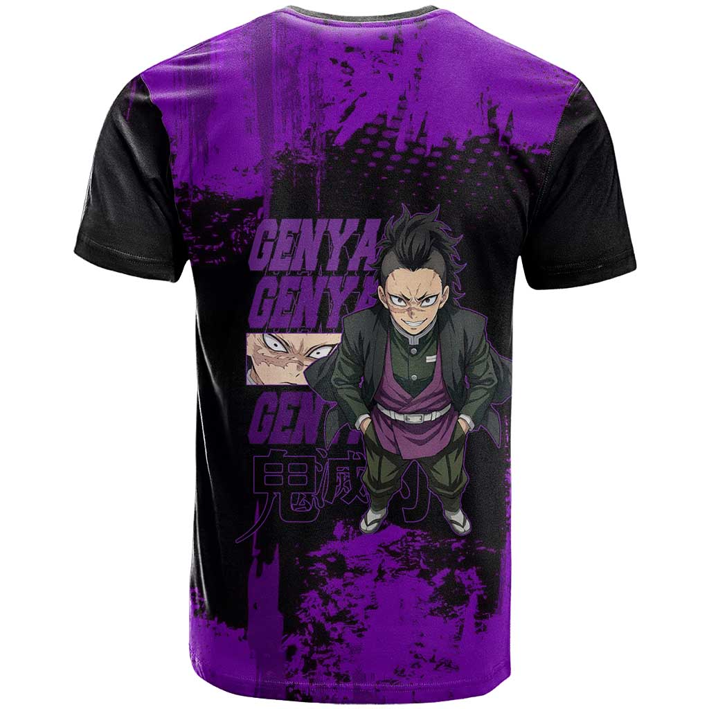 Genya Shinazugawa Demon Slayer Purple Grunge Design T Shirt with Fierce Expression and Combat Stance - The Mazicc