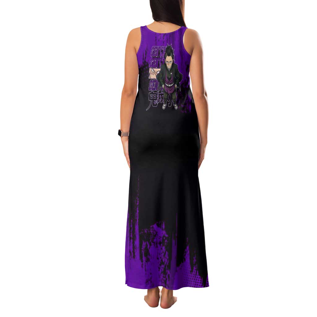 Genya Shinazugawa Demon Slayer Purple Grunge Design Tank Maxi Dress with Fierce Expression and Combat Stance - The Mazicc