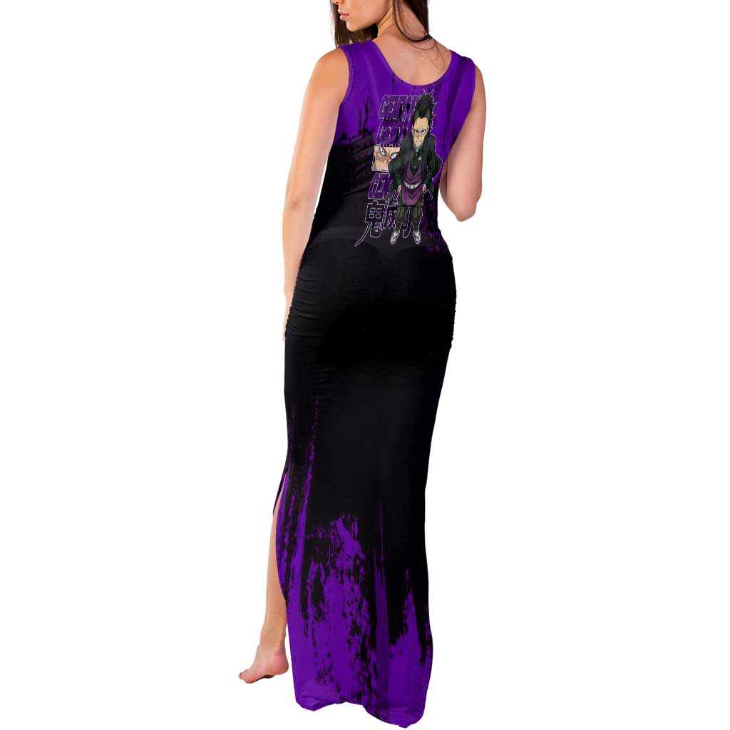 Genya Shinazugawa Demon Slayer Purple Grunge Design Tank Maxi Dress with Fierce Expression and Combat Stance - The Mazicc