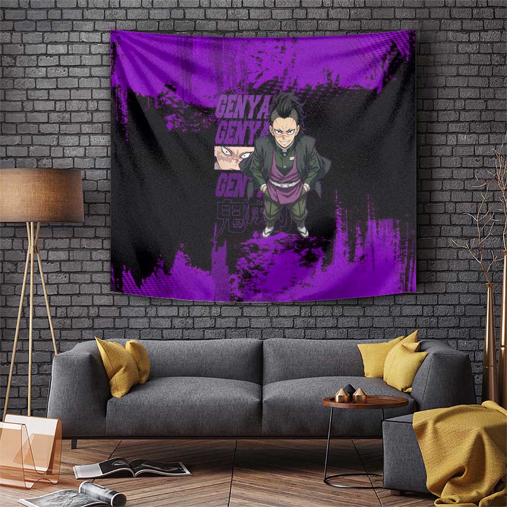 Genya Shinazugawa Demon Slayer Purple Grunge Design Tapestry with Fierce Expression and Combat Stance - The Mazicc