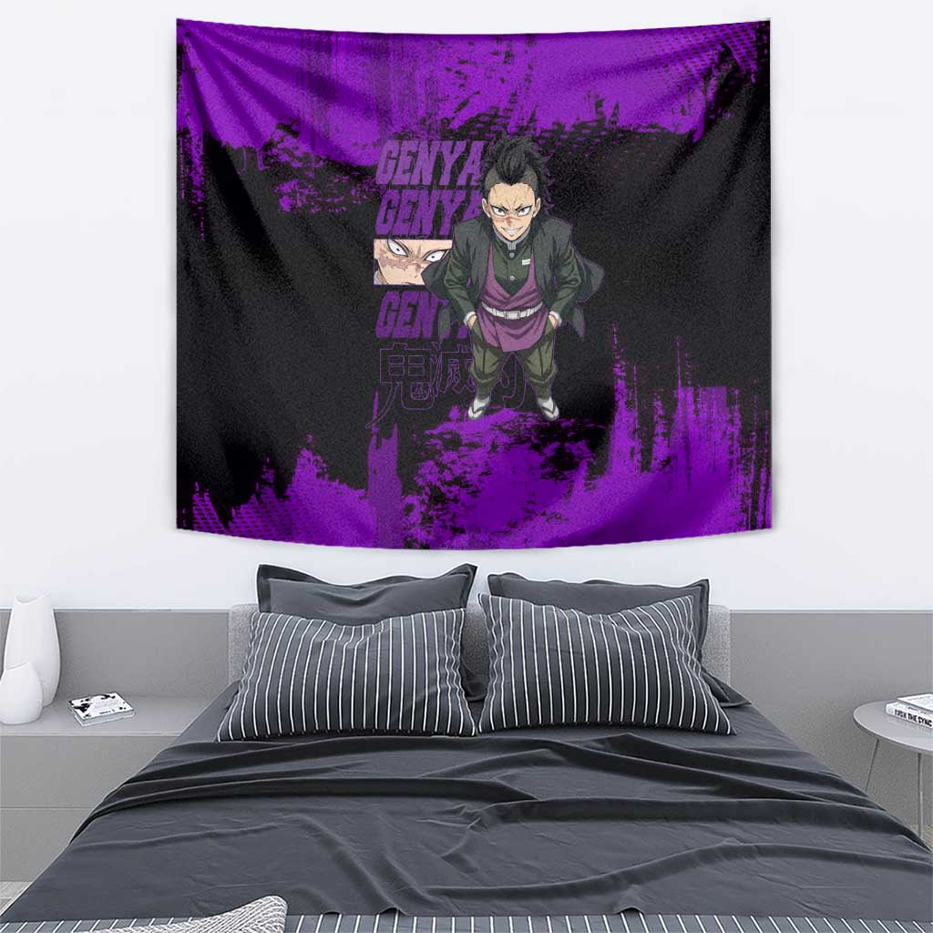 Genya Shinazugawa Demon Slayer Purple Grunge Design Tapestry with Fierce Expression and Combat Stance - The Mazicc