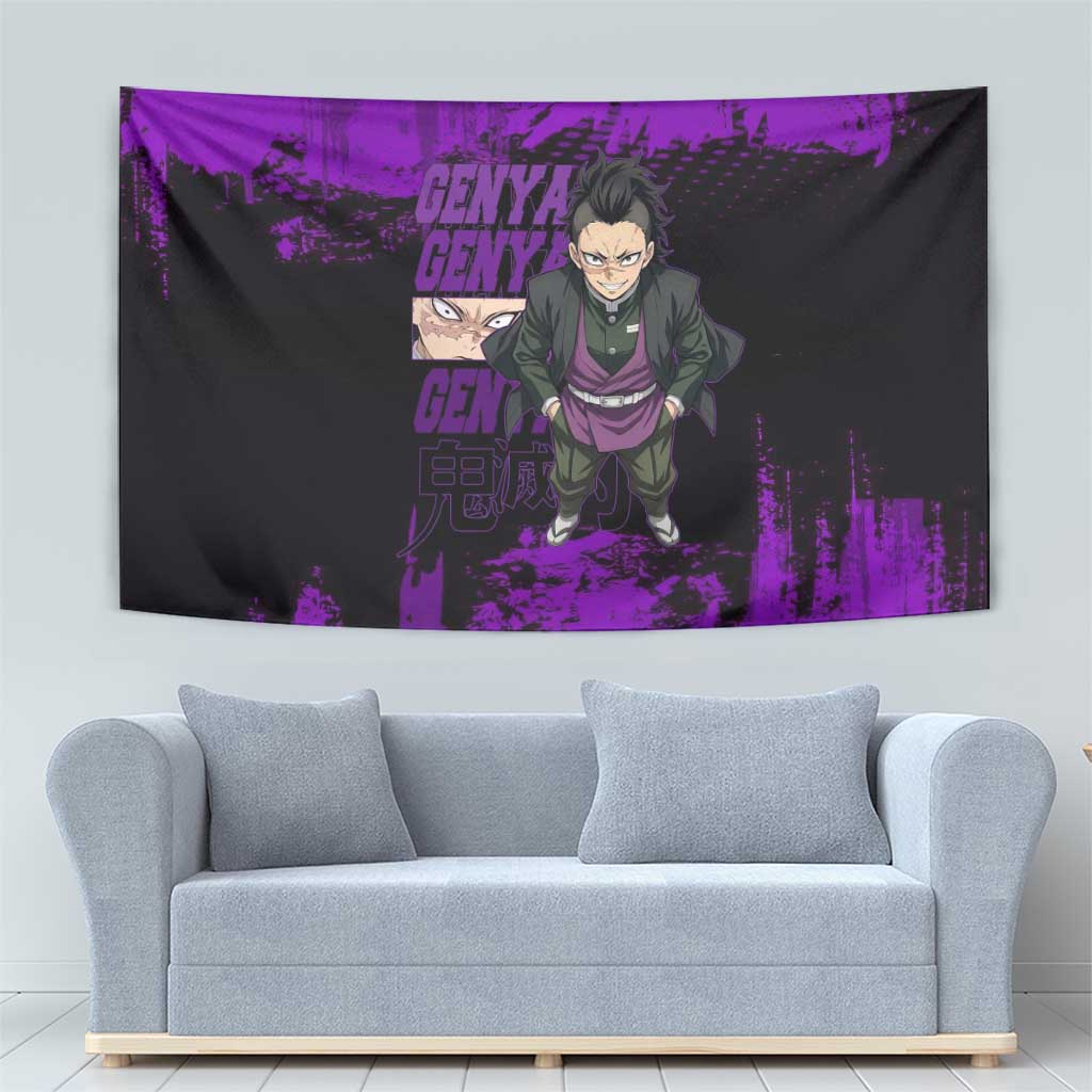 Genya Shinazugawa Demon Slayer Purple Grunge Design Tapestry with Fierce Expression and Combat Stance - The Mazicc