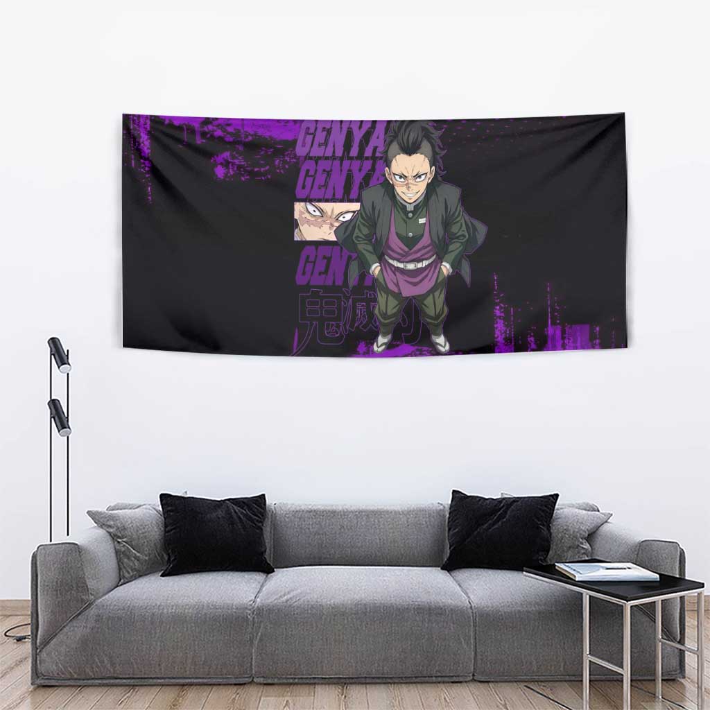 Genya Shinazugawa Demon Slayer Purple Grunge Design Tapestry with Fierce Expression and Combat Stance - The Mazicc