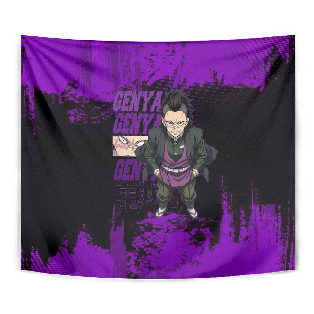 Genya Shinazugawa Demon Slayer Purple Grunge Design Tapestry with Fierce Expression and Combat Stance - The Mazicc