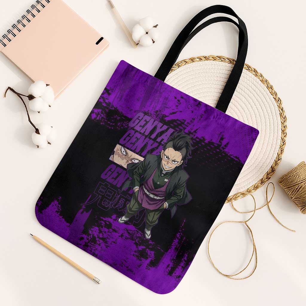 Genya Shinazugawa Demon Slayer Purple Grunge Design Tote Bag with Fierce Expression and Combat Stance - The Mazicc