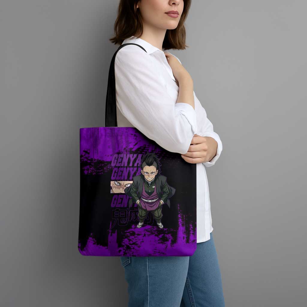 Genya Shinazugawa Demon Slayer Purple Grunge Design Tote Bag with Fierce Expression and Combat Stance - The Mazicc