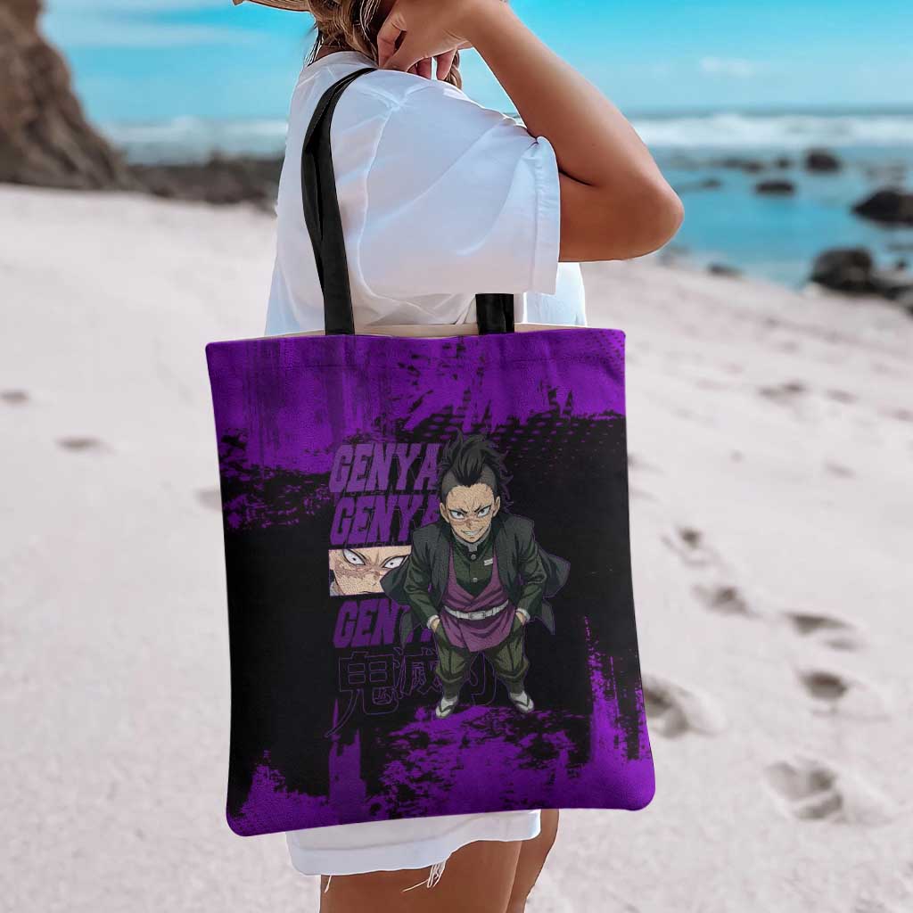 Genya Shinazugawa Demon Slayer Purple Grunge Design Tote Bag with Fierce Expression and Combat Stance - The Mazicc