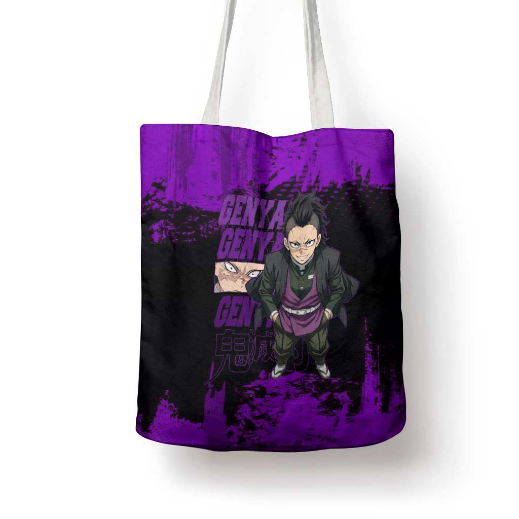 Genya Shinazugawa Demon Slayer Purple Grunge Design Tote Bag with Fierce Expression and Combat Stance - The Mazicc