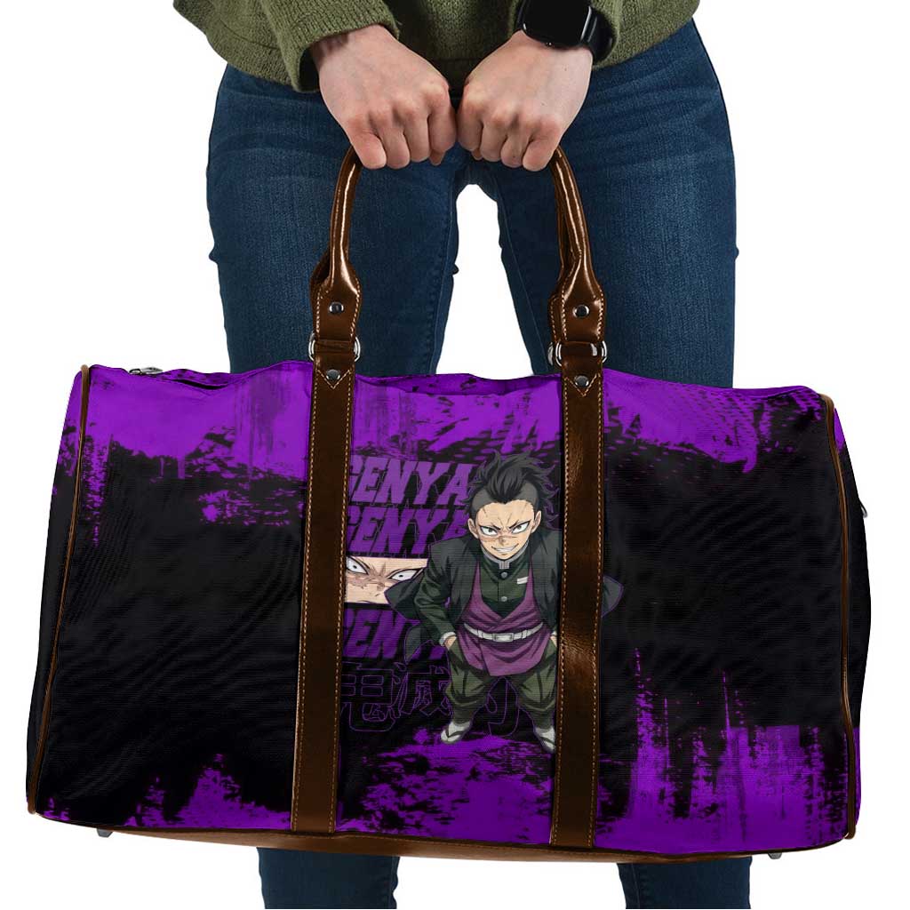 Genya Shinazugawa Demon Slayer Purple Grunge Design Travel Bag with Fierce Expression and Combat Stance - The Mazicc