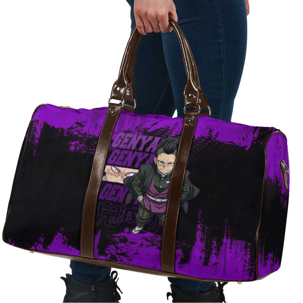 Genya Shinazugawa Demon Slayer Purple Grunge Design Travel Bag with Fierce Expression and Combat Stance - The Mazicc