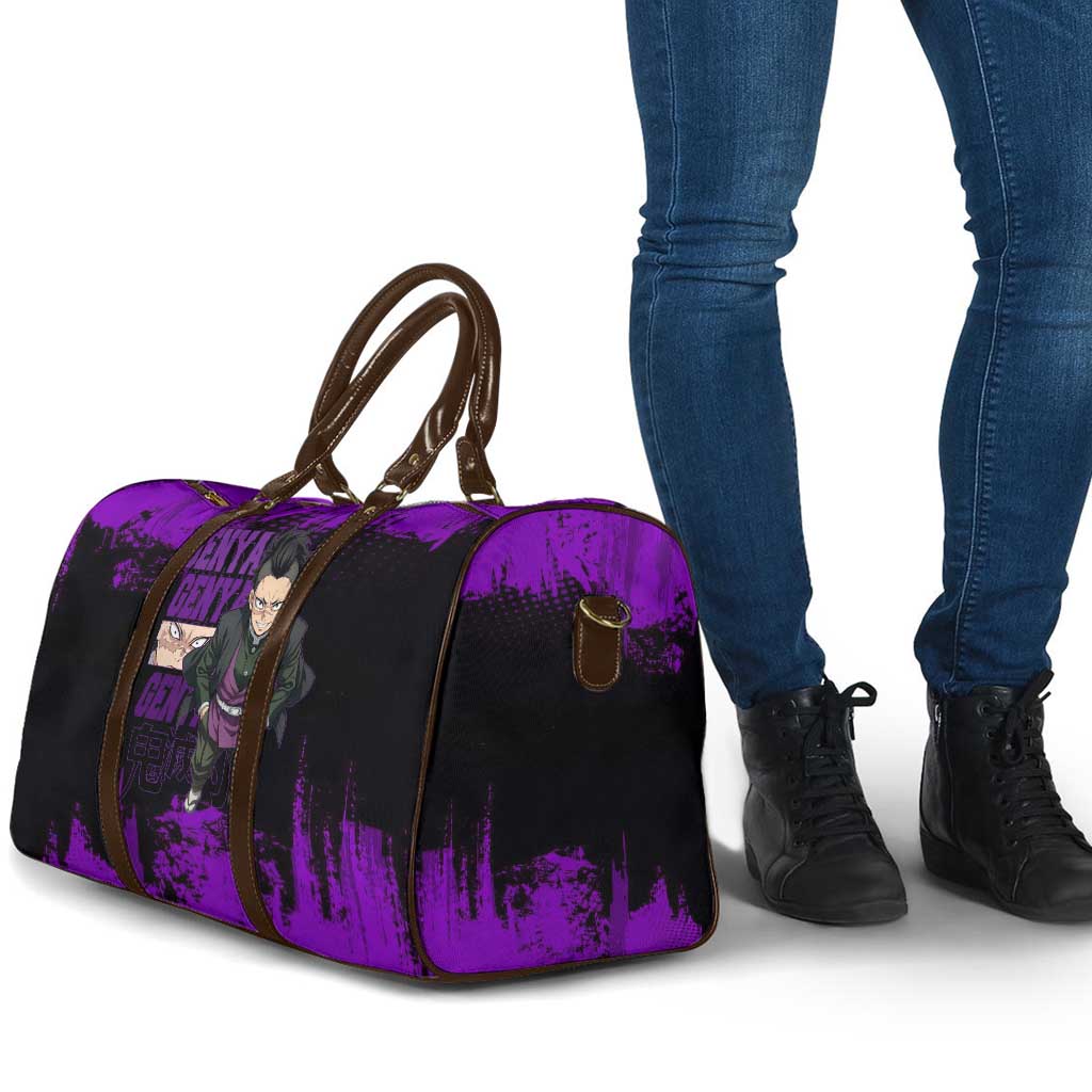 Genya Shinazugawa Demon Slayer Purple Grunge Design Travel Bag with Fierce Expression and Combat Stance - The Mazicc