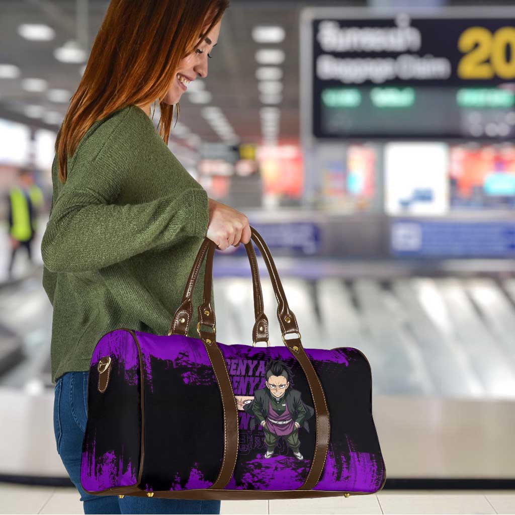 Genya Shinazugawa Demon Slayer Purple Grunge Design Travel Bag with Fierce Expression and Combat Stance - The Mazicc