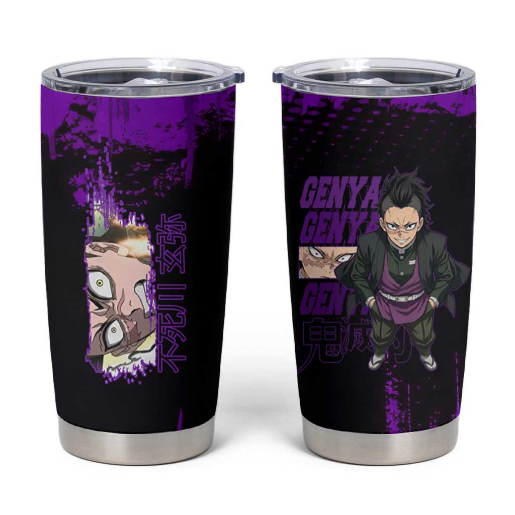 Genya Shinazugawa Demon Slayer Purple Grunge Design Tumbler Cup with Fierce Expression and Combat Stance - The Mazicc