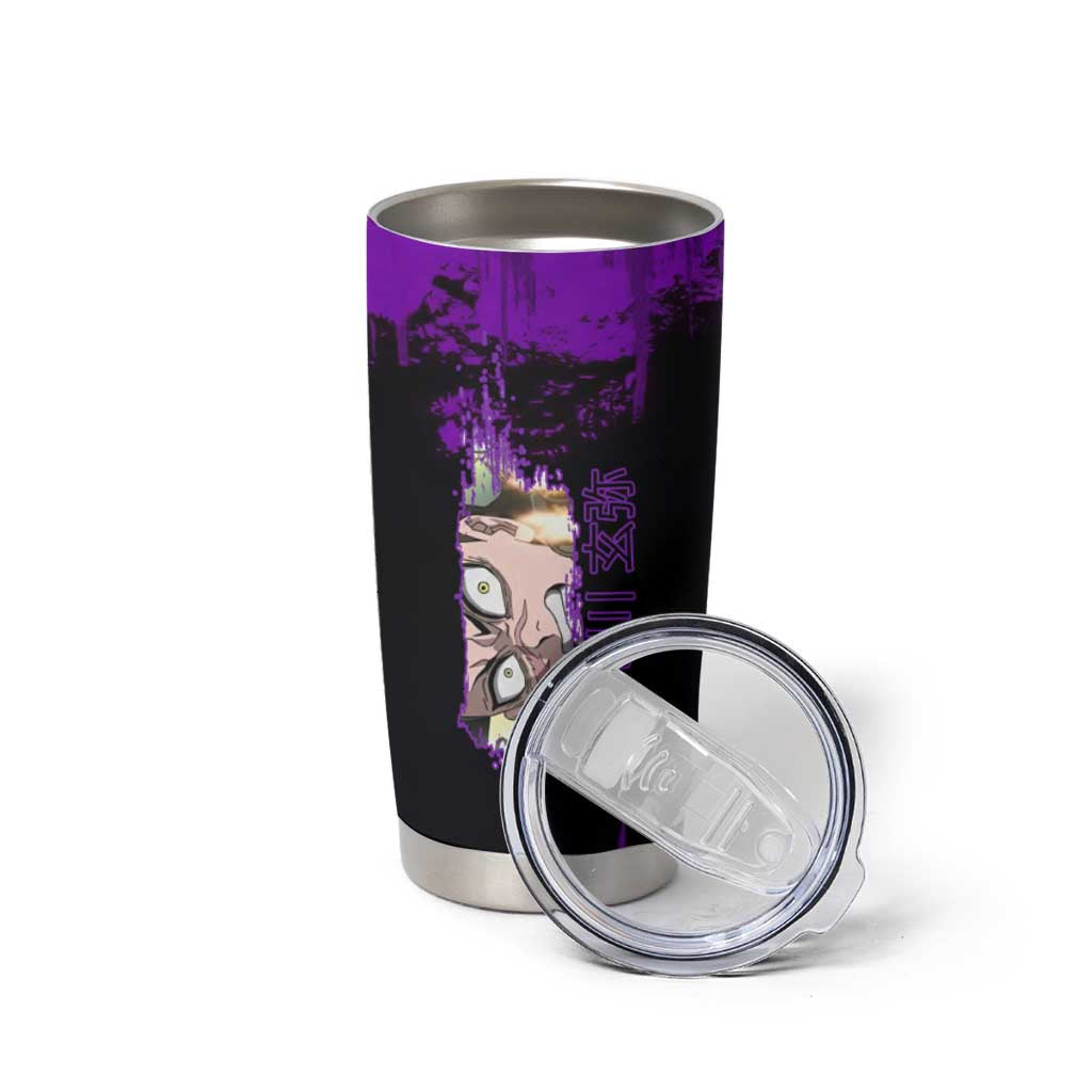 Genya Shinazugawa Demon Slayer Purple Grunge Design Tumbler Cup with Fierce Expression and Combat Stance - The Mazicc