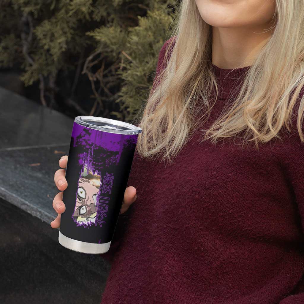 Genya Shinazugawa Demon Slayer Purple Grunge Design Tumbler Cup with Fierce Expression and Combat Stance - The Mazicc