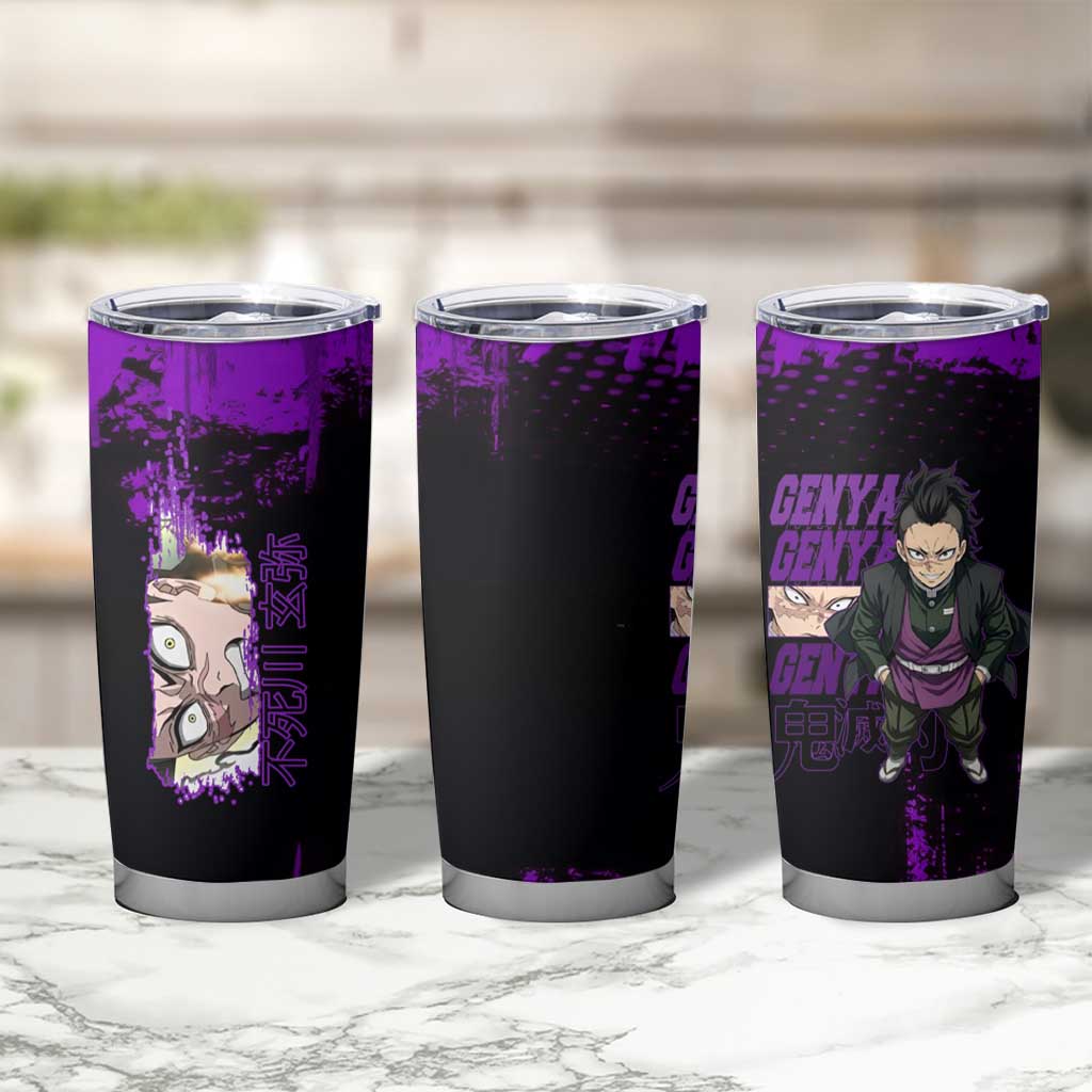 Genya Shinazugawa Demon Slayer Purple Grunge Design Tumbler Cup with Fierce Expression and Combat Stance - The Mazicc