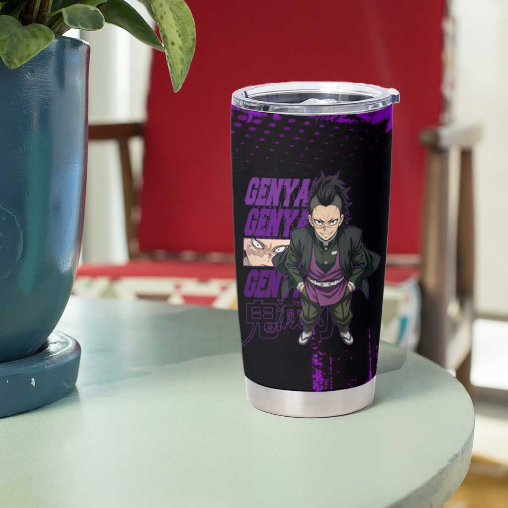 Genya Shinazugawa Demon Slayer Purple Grunge Design Tumbler Cup with Fierce Expression and Combat Stance - The Mazicc