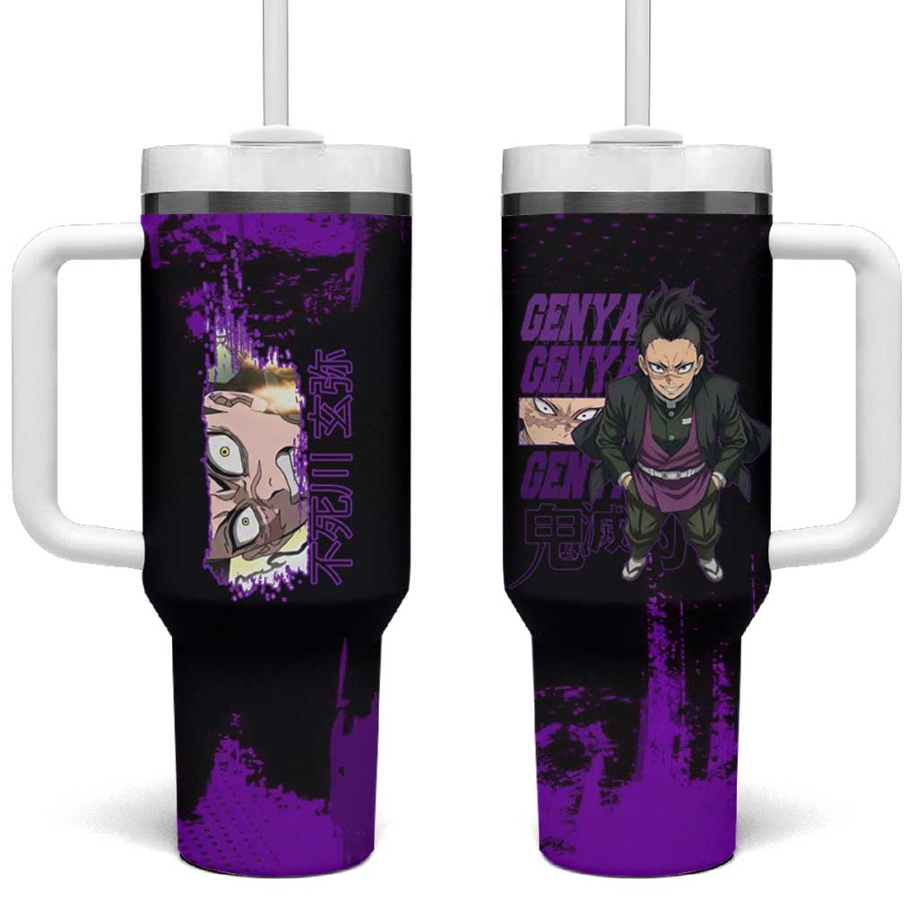 Genya Shinazugawa Demon Slayer Purple Grunge Design Tumbler With Handle with Fierce Expression and Combat Stance - The Mazicc