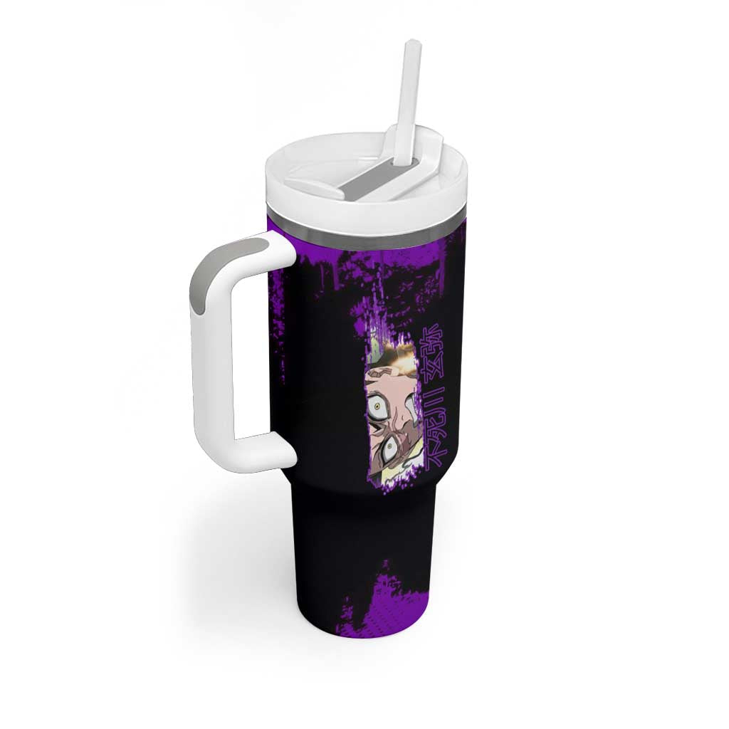 Genya Shinazugawa Demon Slayer Purple Grunge Design Tumbler With Handle with Fierce Expression and Combat Stance - The Mazicc