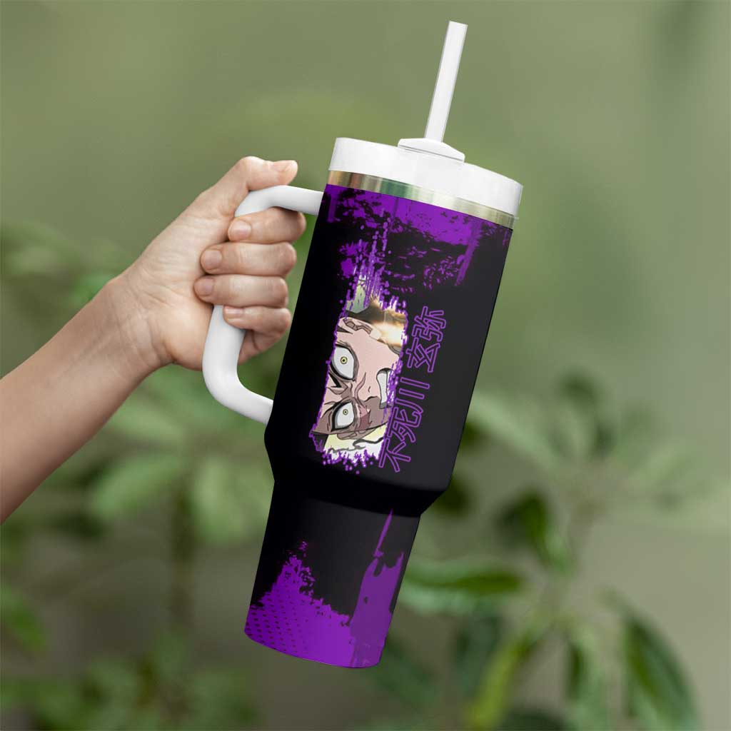 Genya Shinazugawa Demon Slayer Purple Grunge Design Tumbler With Handle with Fierce Expression and Combat Stance - The Mazicc