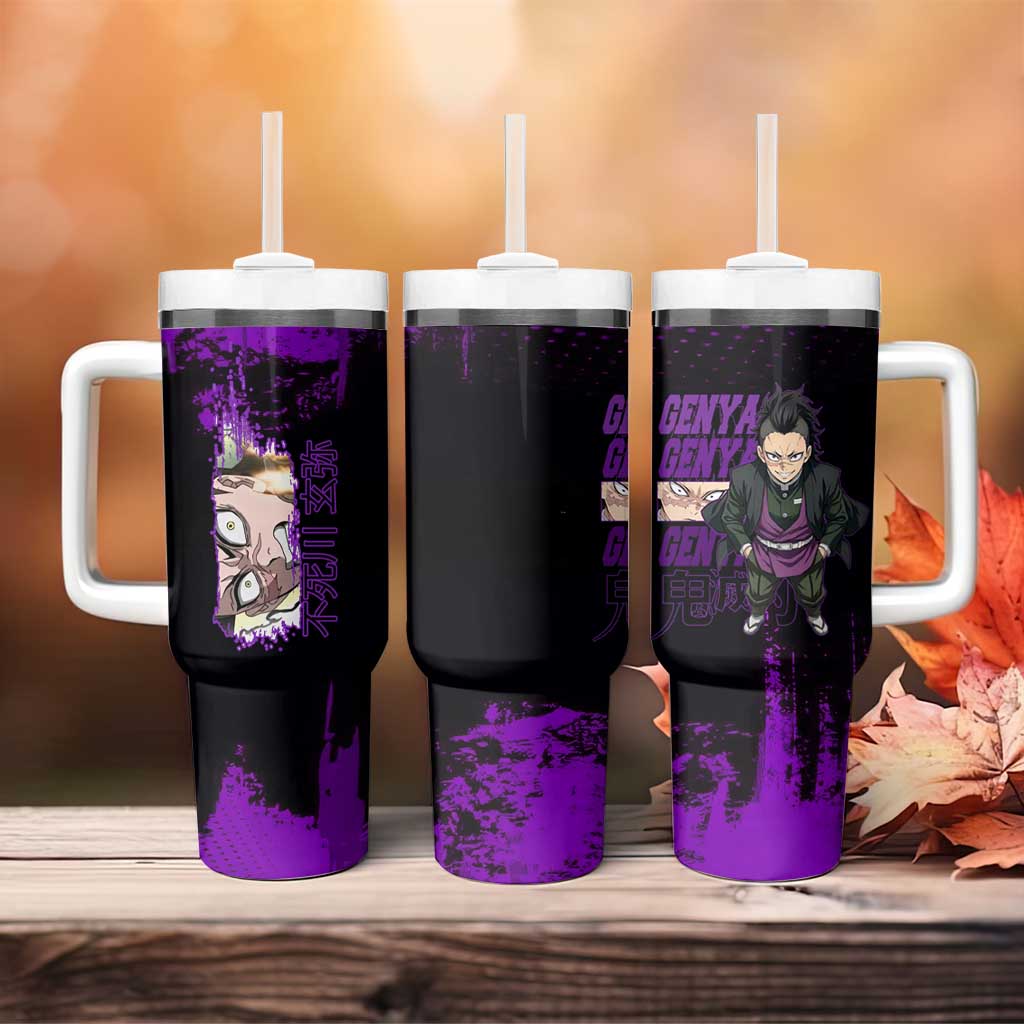Genya Shinazugawa Demon Slayer Purple Grunge Design Tumbler With Handle with Fierce Expression and Combat Stance - The Mazicc
