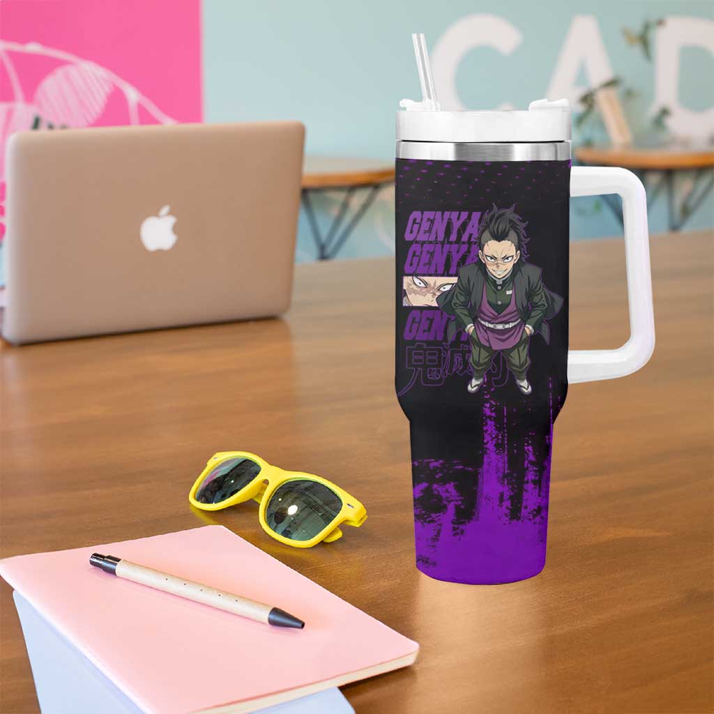 Genya Shinazugawa Demon Slayer Purple Grunge Design Tumbler With Handle with Fierce Expression and Combat Stance - The Mazicc
