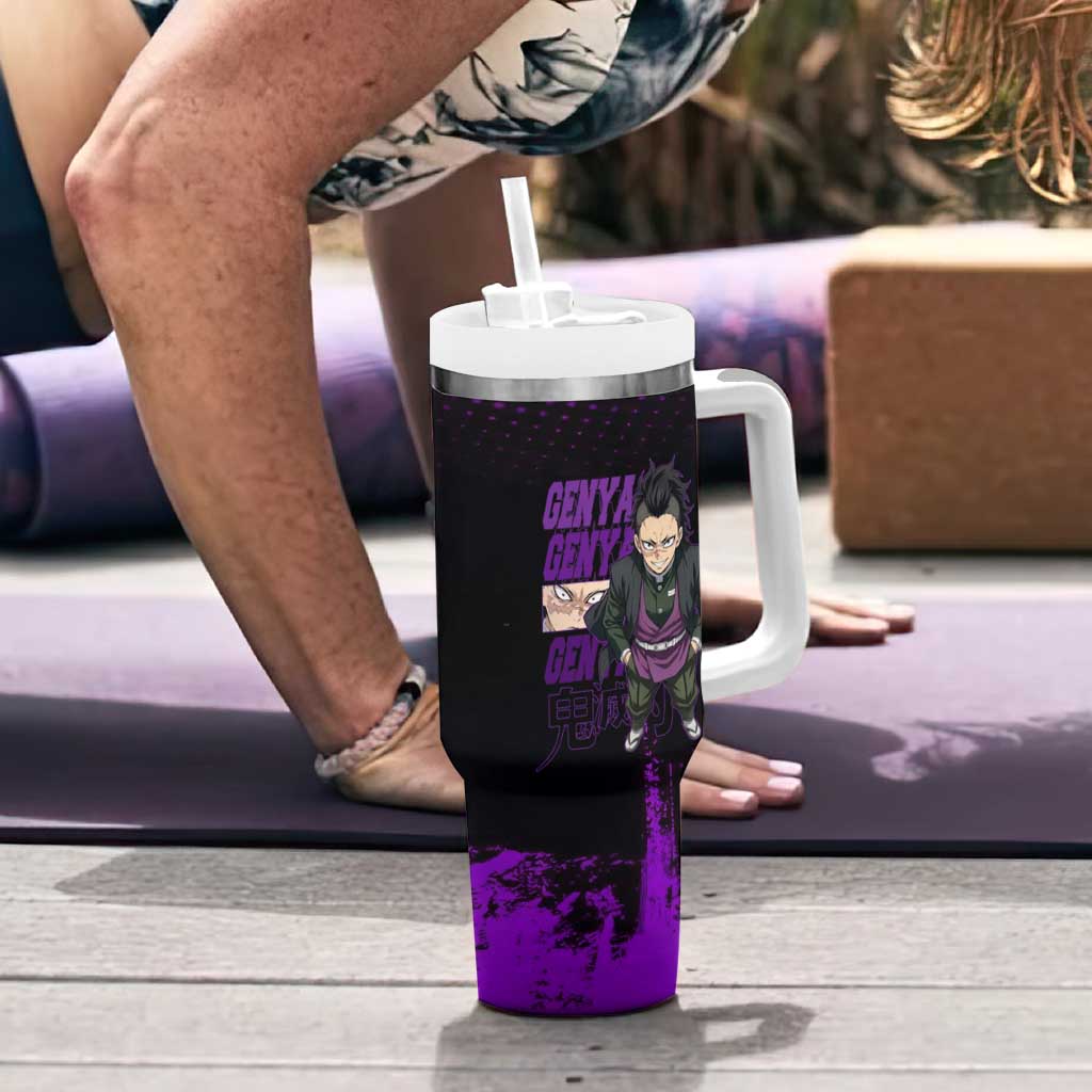Genya Shinazugawa Demon Slayer Purple Grunge Design Tumbler With Handle with Fierce Expression and Combat Stance - The Mazicc