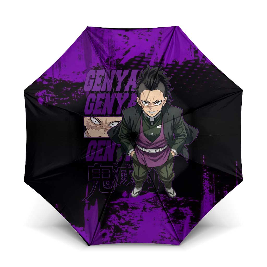 Genya Shinazugawa Demon Slayer Purple Grunge Design Umbrella with Fierce Expression and Combat Stance - The Mazicc