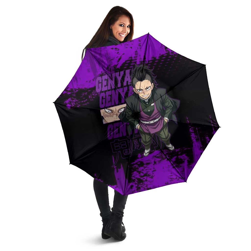 Genya Shinazugawa Demon Slayer Purple Grunge Design Umbrella with Fierce Expression and Combat Stance - The Mazicc
