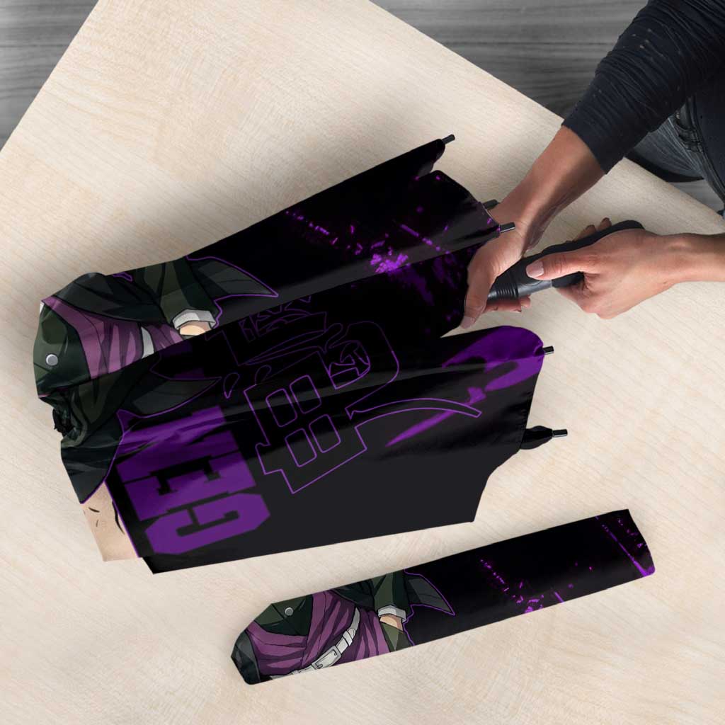 Genya Shinazugawa Demon Slayer Purple Grunge Design Umbrella with Fierce Expression and Combat Stance - The Mazicc