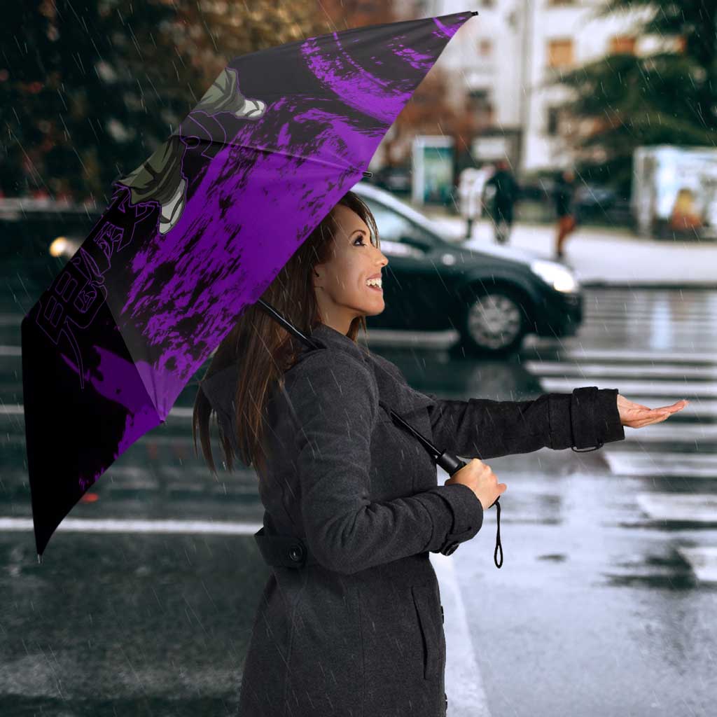 Genya Shinazugawa Demon Slayer Purple Grunge Design Umbrella with Fierce Expression and Combat Stance - The Mazicc