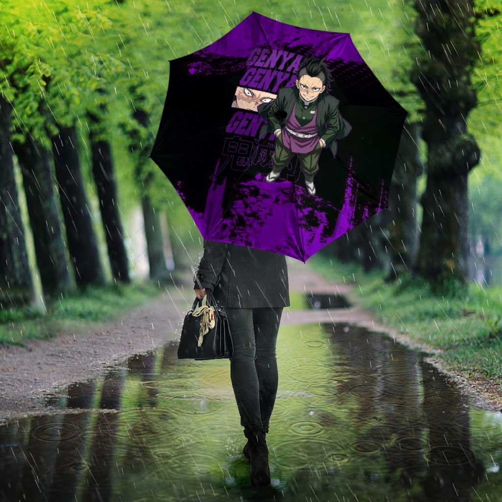 Genya Shinazugawa Demon Slayer Purple Grunge Design Umbrella with Fierce Expression and Combat Stance - The Mazicc