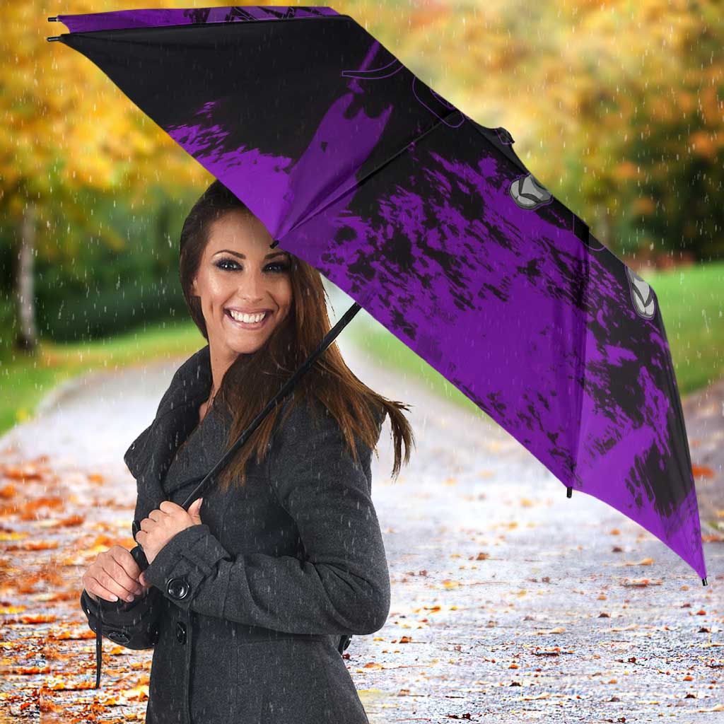 Genya Shinazugawa Demon Slayer Purple Grunge Design Umbrella with Fierce Expression and Combat Stance - The Mazicc