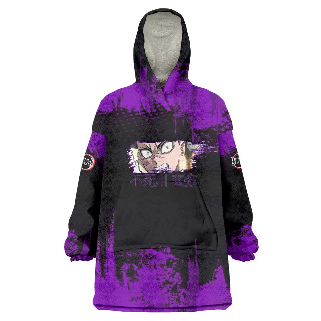Genya Shinazugawa Demon Slayer Purple Grunge Design Wearable Blanket Hoodie with Fierce Expression and Combat Stance - The Mazicc