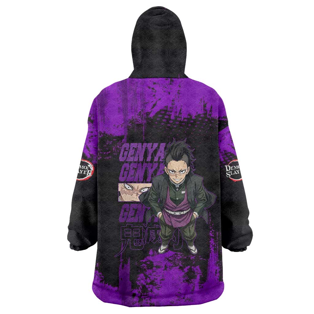 Genya Shinazugawa Demon Slayer Purple Grunge Design Wearable Blanket Hoodie with Fierce Expression and Combat Stance - The Mazicc